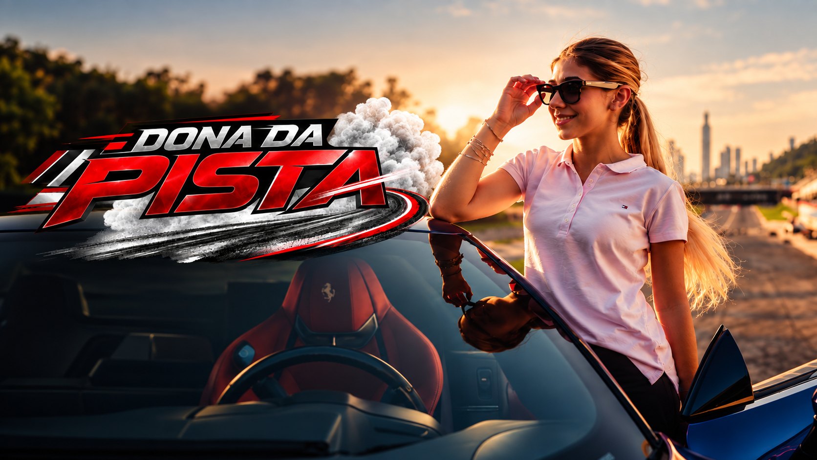 Valentina Piaz at sunset, leaning on an open sports car, with the Dona da Pista logo